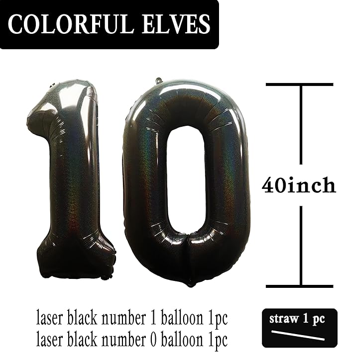 Laser Black Number 10 Balloons 40 Inch Giant Number Black 10 Foil Mylar Balloons for 10th Birthday Anniversary Events Party Decorations