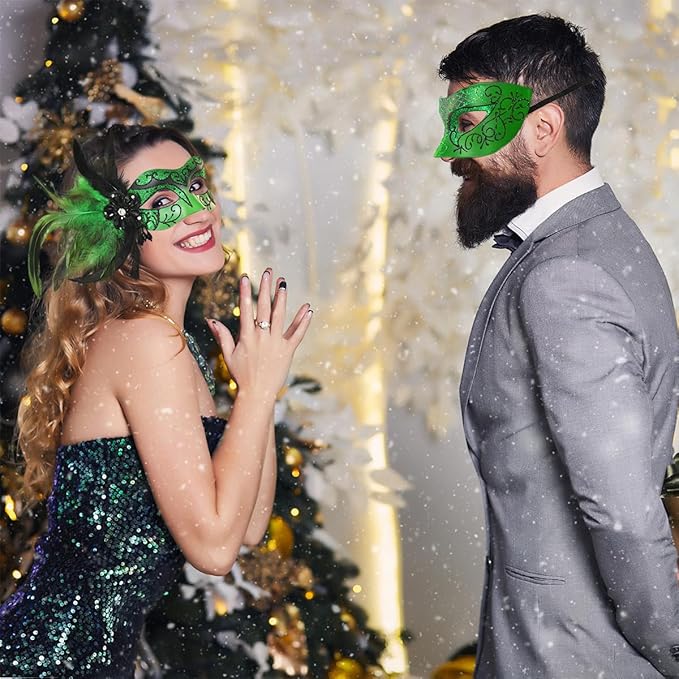 Green His and Hers Masquerade Masks Set -Feather Mascarade Mask for Couple & Venetian Mask for Masquerade Party, Mardi Gras, Halloween Cosplay Prom, Christmas