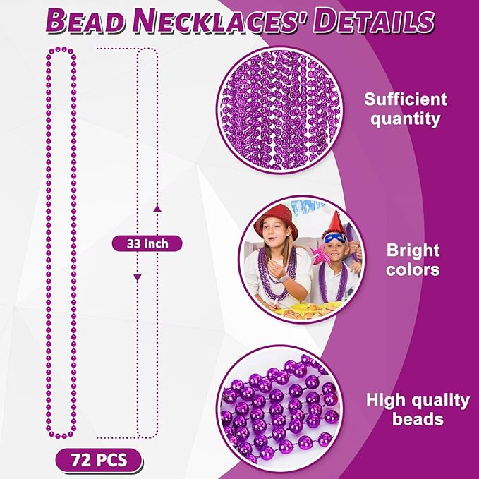 72PCS Mardi Gras Beads, Purple Bead Necklace Party Favors, 33" Beaded Necklaces Bulk, Festival Parade Throw Accessories for Halloween Mardi Gras Wedding Birthday Celebrations Decorations