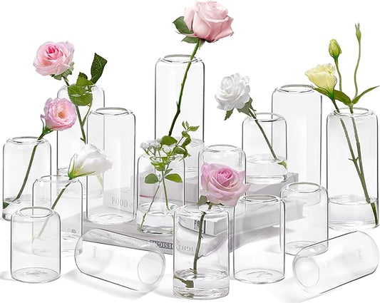 ZENS Bud Vases in Bulk Set of 16, Modern Small Glass Vases for Flower Clear Bud Vases for Wedding Centerpiece, Modern Blown Small Vase for Flowers, Wedding Party Events Decorative Home Decor
