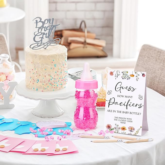 Roowest 512 Pcs Baby Shower Games Guess How Many Pacifiers Sign 100 Small Guessing Games 10 HB Pencils 750ml Milk Bottle 400 Acrylic Pacifiers Decoration for Guest Gender Reveal(Pink,Wild Flower)