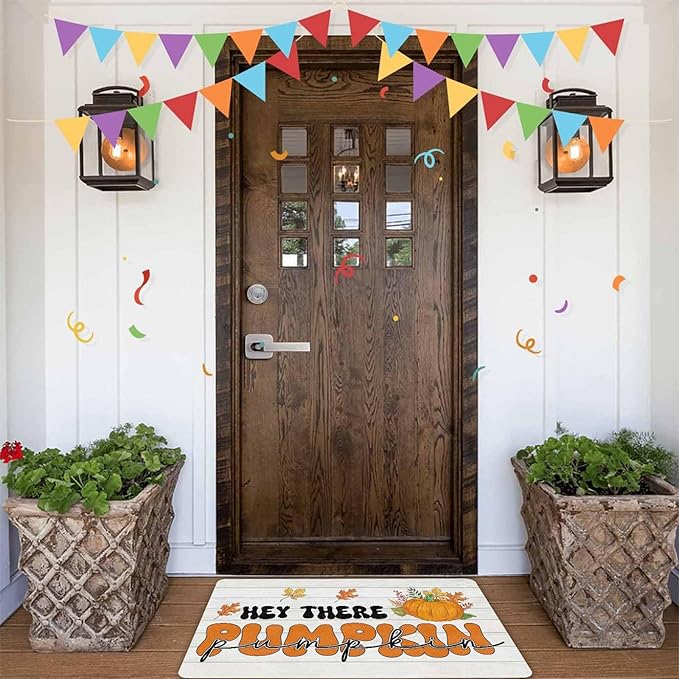InterestPrint Happy-Thanksgiving Fall Door Mat Fall Pumpkin Welcome Doormat, Seasonal Harvest Thanksgiving Vintage Rustic Low-Profile Floor Switch Mat for Indoor Outdoor, 24"x16"inch