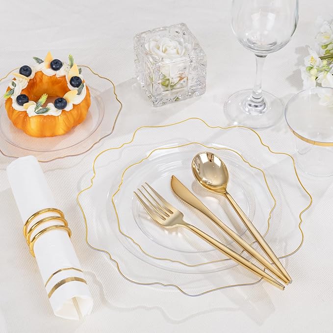 WDF 350Pcs Clear and Gold Plastic Plates - Heavy Duty Clear Plates Disposable - Gold Dinnerware Sets of 100 Plastic Plate 150Silverware 50 Cups 50 Napkins for Wedding/Party/Thanksgiving