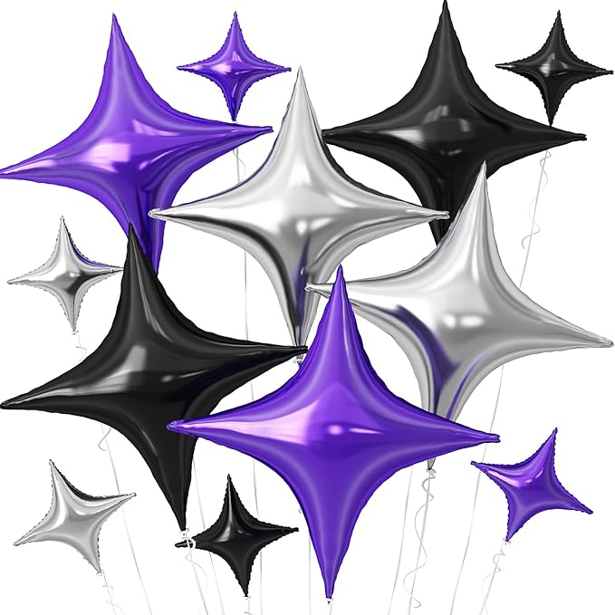 Black Purple Silver Star Balloons,12Pcs Four Angle Star Foil Balloons,26Inch and 10Inch Black Silver Quadrangle Helium Balloon for Halloween Birthday Baby Shower Anniversary Party Decorations