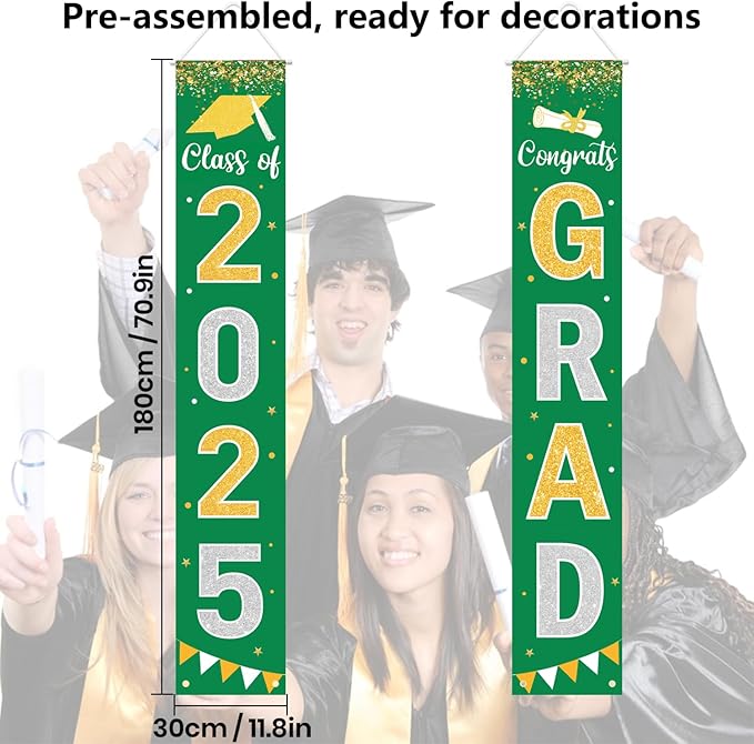 Graduation Decorations 2025 GRAD Banner Green Porch Door Sign Welcome Banner For Indoor Outdoor Wall Graduation Decorations Class of 2025