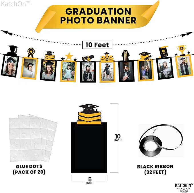 KatchOn, Gold and Black Graduation Photo Banner - Large, 10 Feet | Grad Banner 2025 for graduation Decorations Class of 2025 | Grad Party Decorations,Graduation Decorations 2025