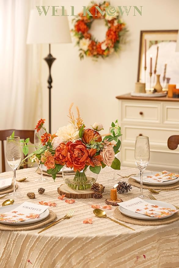 Artificial Flowers in Vase, WELL KNOWN Silk Rose Peony Flower Bouquet Table Centerpieces with Faux Water for Fall Home, Fake Flower Arrangement for Seasonal Party Decor (Burnt Orange & Champagne Plus)