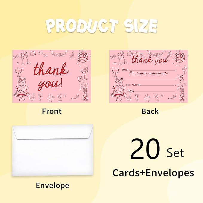 Kids Thank You Card, Dinner Party Theme Thank You Notes, Cocktail Greeting Card With Envelope, Birthday Wedding Graduation Christmas Party Favors Supplies Decor(20 Pcs)-07