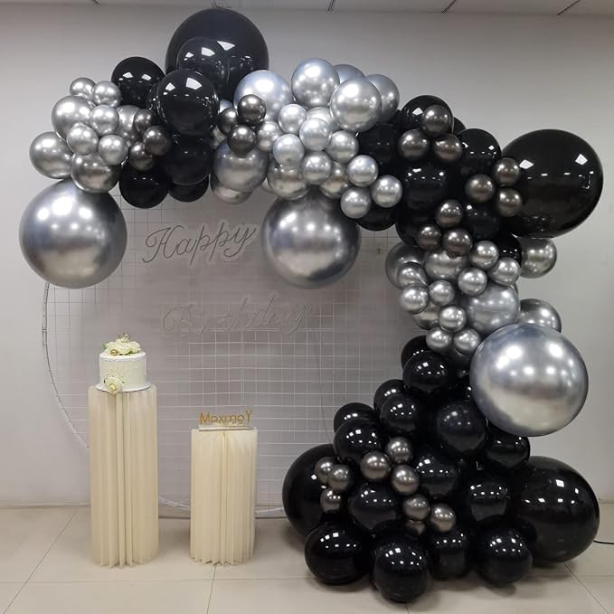 Black and Silver Balloons Garland Arch Kit, 135 Pcs Latex Balloon Different Sizes for Graduation Birthday Anniversary New Year Party Decors