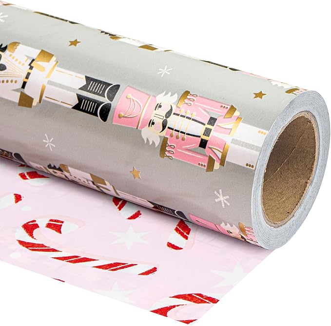 WRAPAHOLIC 30 Inch Jumbo Reversible Nutcracker Christmas Wrapping Paper - 30 Inch x 33 Feet - Nutcracker and Candy Cane Design Printed on Pearlized Paper for Chrsitmas, Holiday, Party Celebration