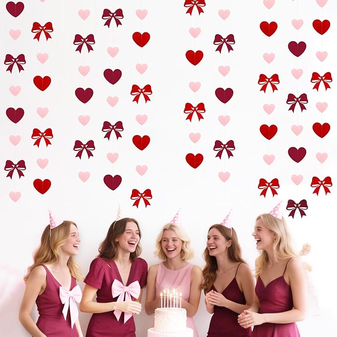 Heart Bow Decorations Burgundy Red Pink Heart Bow Hanging Garland Streamer for Anniversary Birthday Valentines Bachelorette Wedding Baby Shower Bridal Shower Engagement Hen Party Decorations Supplies