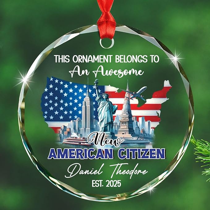 This Ornament Belongs to an Awesome New American Citizen Ornament, Personalized Citizenship Glass Christmas Ornaments Gifts for Family Friends, Custom Name USA American Citizen Xmas Decorations 2025