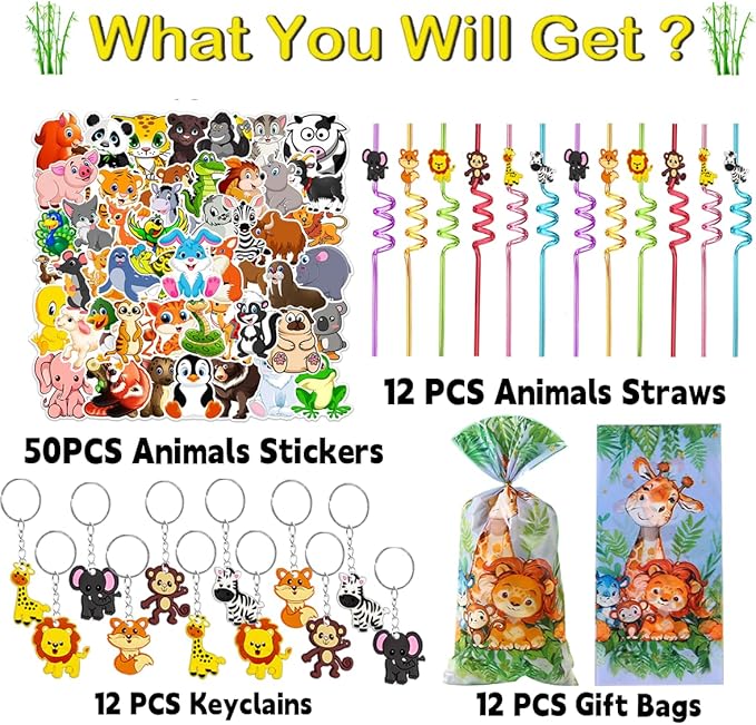 110PCS Safari Party Favors Jungle Party Favors Goodie Bags Stuffers for Camping Party Include Slap Bracelet,DIY Safari Stickers ,Woodland Keychains,Forest Animals Pencil Caps and Party Straws