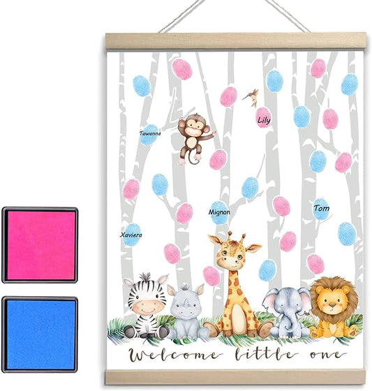 QZCYU Gender Reveal Decorations Fingerprint Tree with Woodland Safari Animals, Gender Reveal Games Canvas Hanging Paintings Decor, Baby Shower Ideas