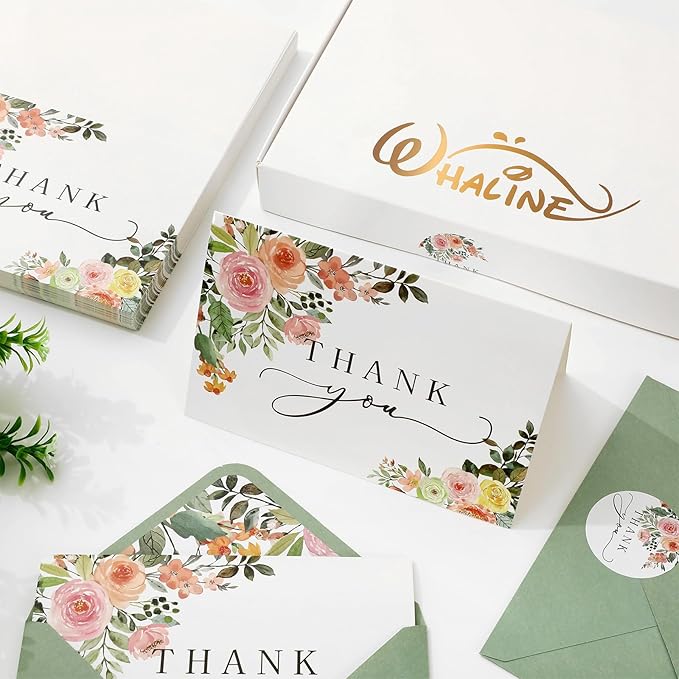 Whaline 50 Pack Floral Thank You Cards Boxed Watercolor Flower with Green Leaves Blank Note Cards with Envelopes Stickers Greeting Card for Spring Wedding Birthday