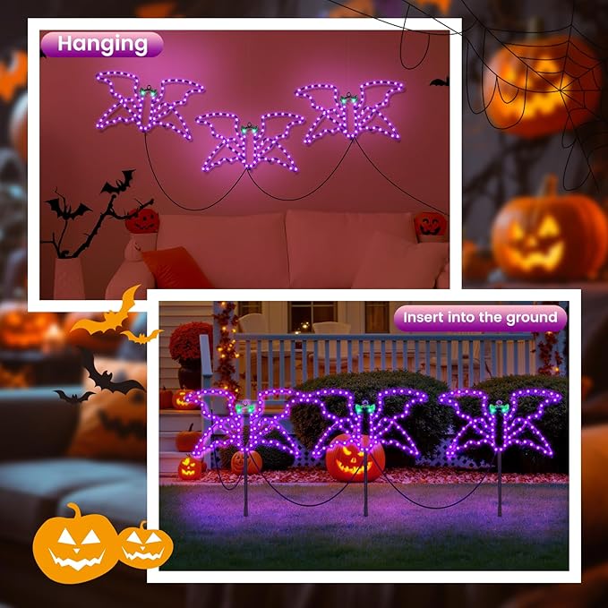 Halloween LED Bat Lights 3 Pack, Hanging or Stakeable Indoor & Outdoor Halloween Decor, 4 Light Modes, Timer Function, Perfect Yard & Party Decorations