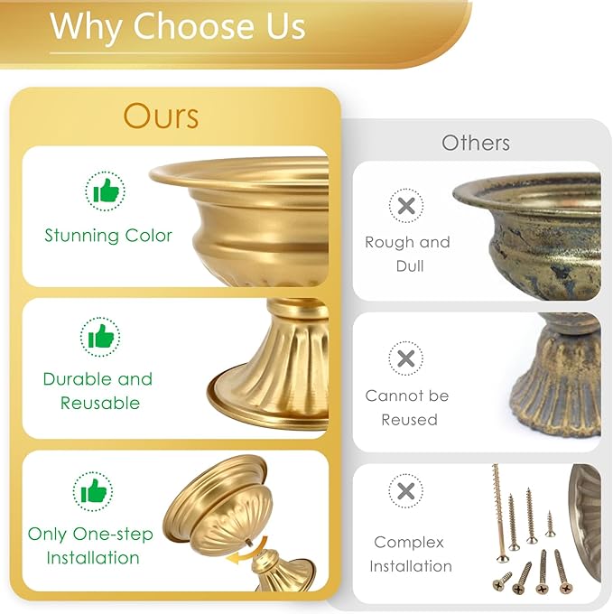 Gold Compote Vases for Centerpieces: Wedding Flower Vase for Tables 6.5 Inch Small Metal Urn Pedestal Bowl for Party Anniversary Event Home Decor Set of 2