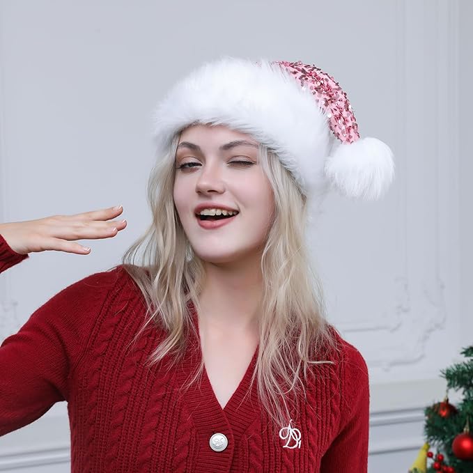 Personalized Sequin Santa Hat for Adults, Red Glitter Christmas Party Hat, Xmas Halloween New Year Holiday Headwear