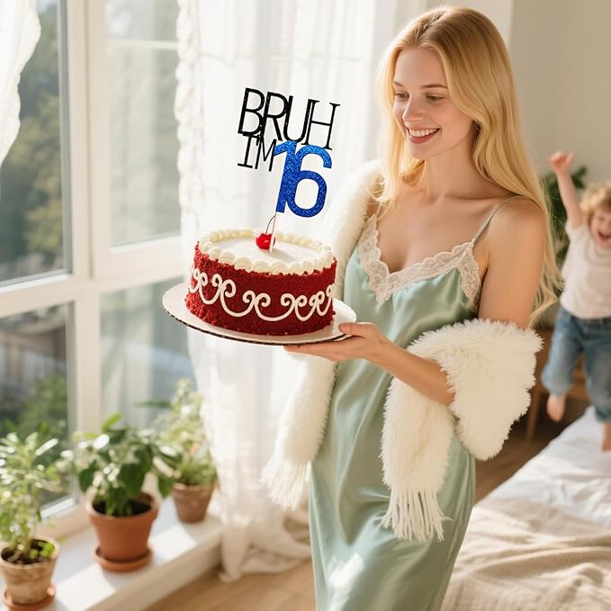 Bruh I'm 16 Cake Topper - Bro I'm 16, Happy Sweet 16 Ornament for Boys' 16th Birthday Party Supplies (blue 16)