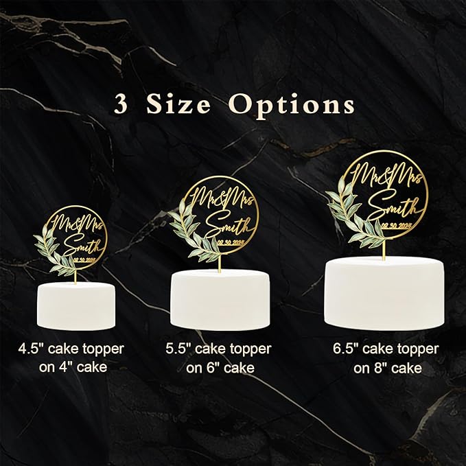 Mr & Mrs Wedding Cake Topper with Green Leaves Custom Last Name and Date Personalized Round Frame Cake Decoration in Acrylic and Wood