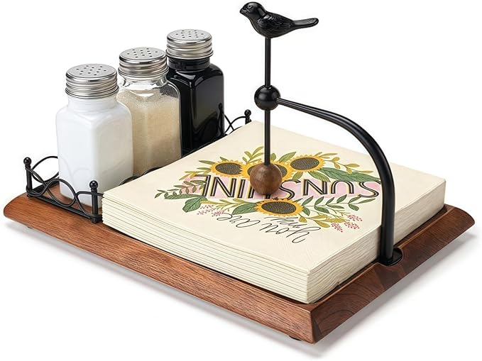 Solid Wooden Bird Napkin Holder for Table，Napkin Dispenser with Salt and Pepper Shakers, 2-in-1 Vintage Flat Paper Towel Holder for Bar, Kitchen & Dinning Room not Included Shakers