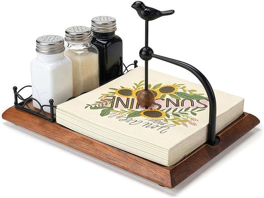 Solid Wooden Bird Napkin Holder for Table，Napkin Dispenser with Salt and Pepper Shakers, 2-in-1 Vintage Flat Paper Towel Holder for Bar, Kitchen & Dinning Room not Included Shakers