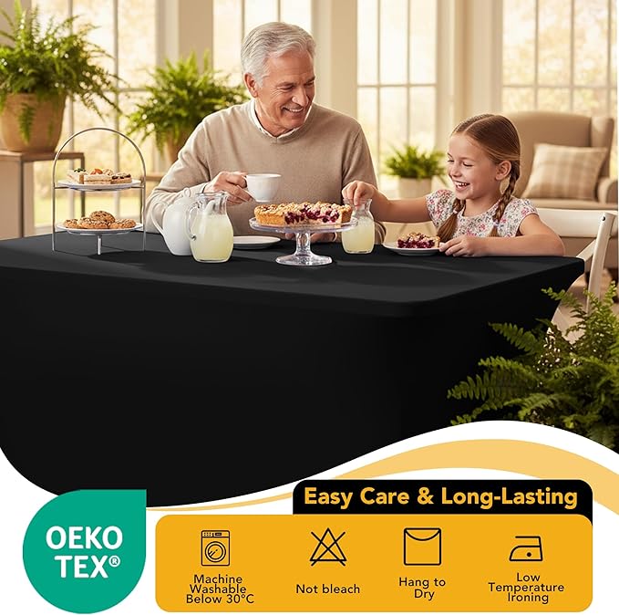 6-Pack Premium Black Spandex Tablecloths for 6ft Rectangle Tables, Stain & Wrinkle-Resistant, Washable Stretch Polyester Fitted Table Cover for Weddings, Banquets, Trade Shows Events