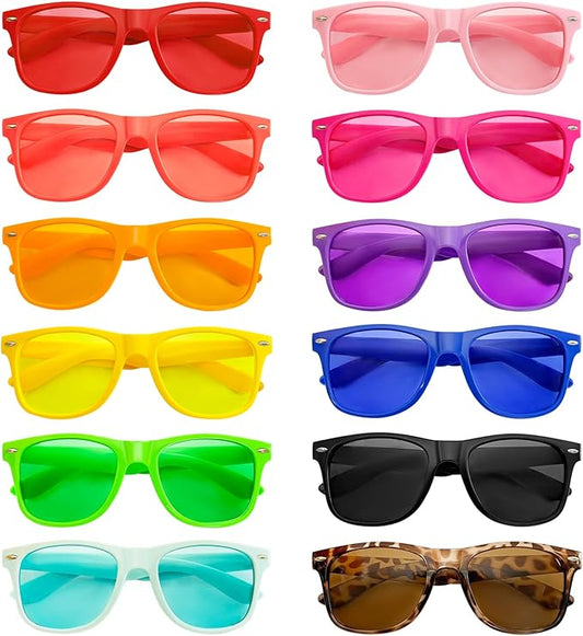 SUNOVELTIES 12/24 Pack Neon Party Sunglasses Mirrored/Jelly Lens Bulk Glasses Horn Rimmed Eyewear for Men Women