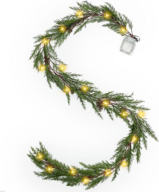 6 Ft Christmas Garland with Lights, 30 Warm Lights with 8 Modes,Prelit Christmas Garland with Pine Cones,Garland for Mantle, Ceadr Garlands Realistic,Outdoor Indoor Christmas Decorations