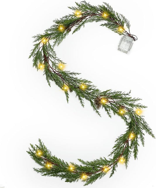 6 Ft Christmas Garland with Lights, 30 Warm Lights with 8 Modes,Prelit Christmas Garland with Pine Cones,Garland for Mantle, Ceadr Garlands Realistic,Outdoor Indoor Christmas Decorations