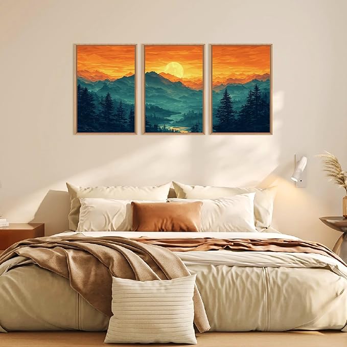 HOURIA Large Sunrise Mountain Forest Landscape Framed Canvas Wall Art Set,Orange Sky Green Ridge Wall Decor,Nature Pine Tree Artwork,Boho Watercolor Art Print for Living Room, Bedroom- 16"x24"x3