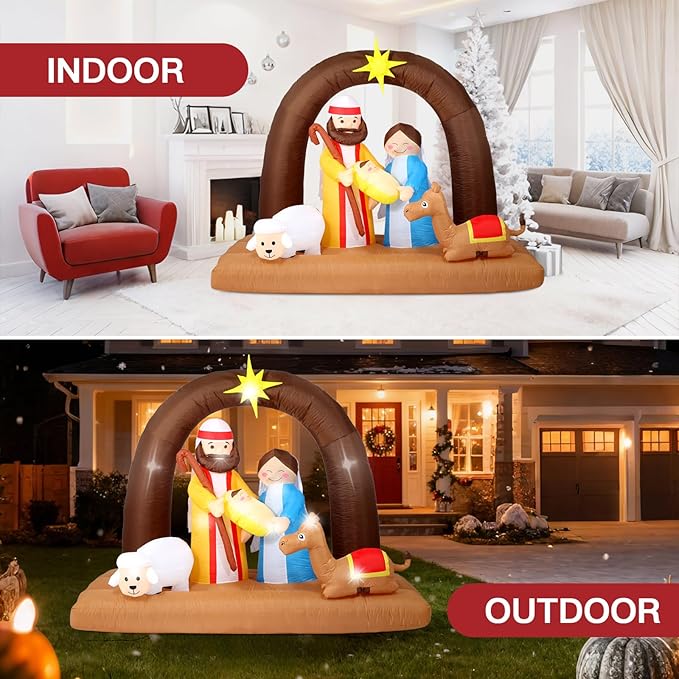 8FT Christmas Inflatables Nativity Scene Decorations Outdoor，Blow Up Nativity Scene with Built-in LEDs Lights for Indoor Holiday Party Yard Garden Lawn Décor