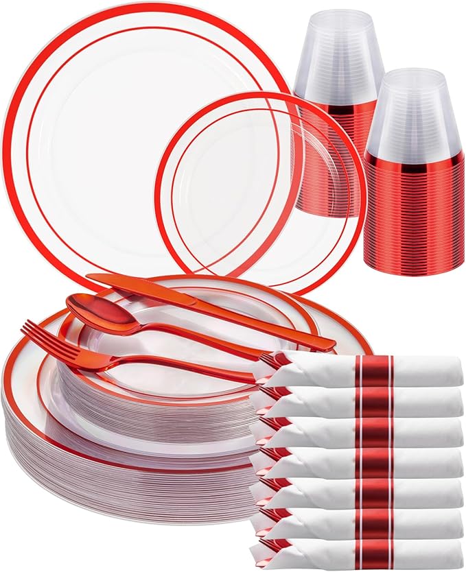 Goodluck 175 Piece Red Plastic Plates, Clear Plastic Silverware Disposable Plates Set, Include 50Plates, 25Pack Pre Rolled Napkins with Silverware, 25Cups for Party, Christmas, Graduation, Wedding