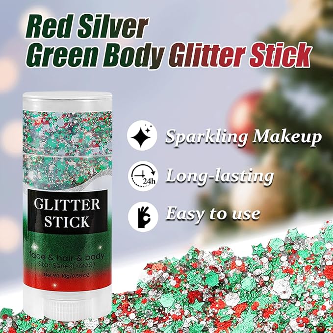 Mysense Red Silver and Green Body Glitter Stick, Christmas Makeup Face Hair Glitter for Kids Women, Stocking Stuffers Gift Decorations, Sparkling Chunky Glitter Makeup, 0.56oz