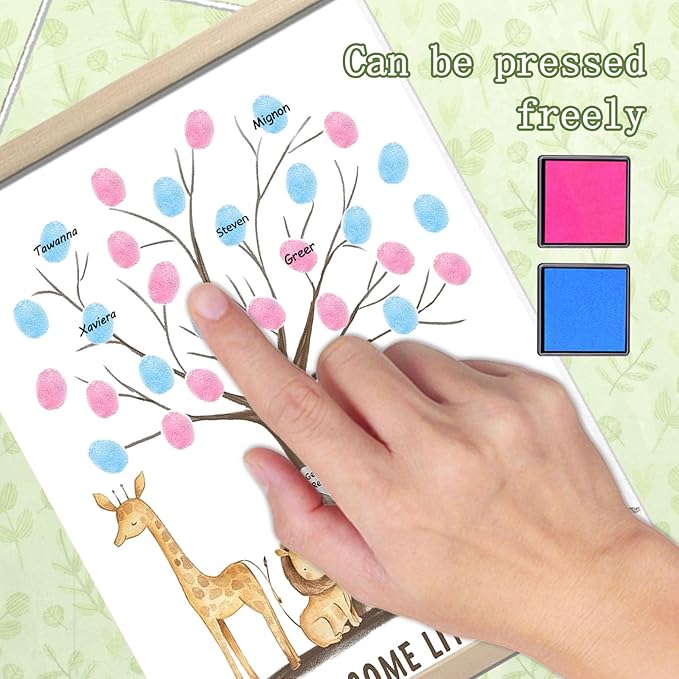 QZCYU Gender Reveal Party Decorations, Gender Reveal Fingerprint Tree with Safari Animals, Baby Shower Guest Book, Canvas Thumbprint Hanging Paintings