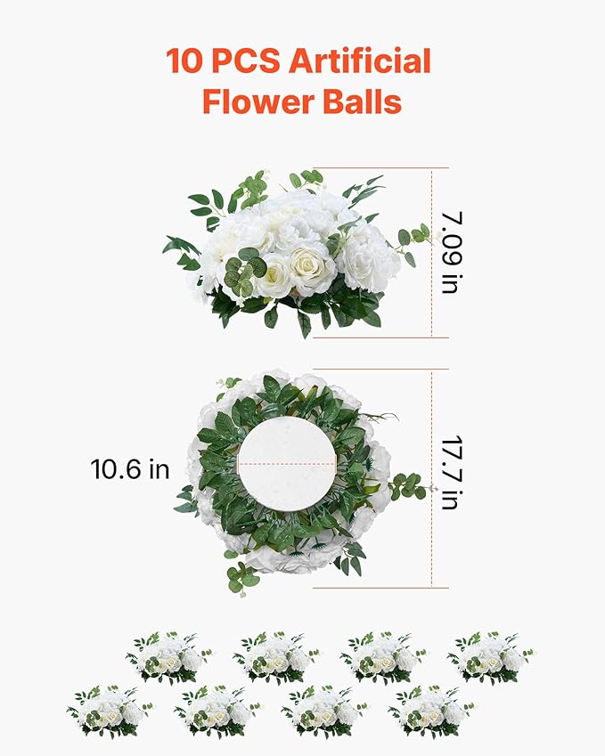 VEVOR Flower Balls Arrangement Bouquet 10 PCS, 17.7-Inch Diameter Artificial Flower Balls Wedding White Roses Centerpieces, Faux Flowers Arrangements for Wedding Centerpiece Home Table Decorations