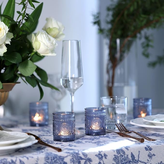 DEVI 24pcs Navy Blue Votive Candle Holders for Table Centerpieces, Blue Tealight Candle Holder for Bridal Shower Decorations, Boho Wedding Decorations for Home Party, Blue Sunflower Decor