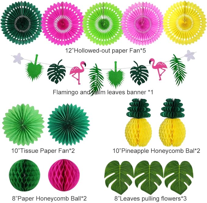 Hawaiian Party Decorations, Tropical Birthday Party Supplies Flamingo and Palm Leaves Banner Tissue Paper Fan Pineapple Honeycomb Ball for Summer Luau Bachelorette Party