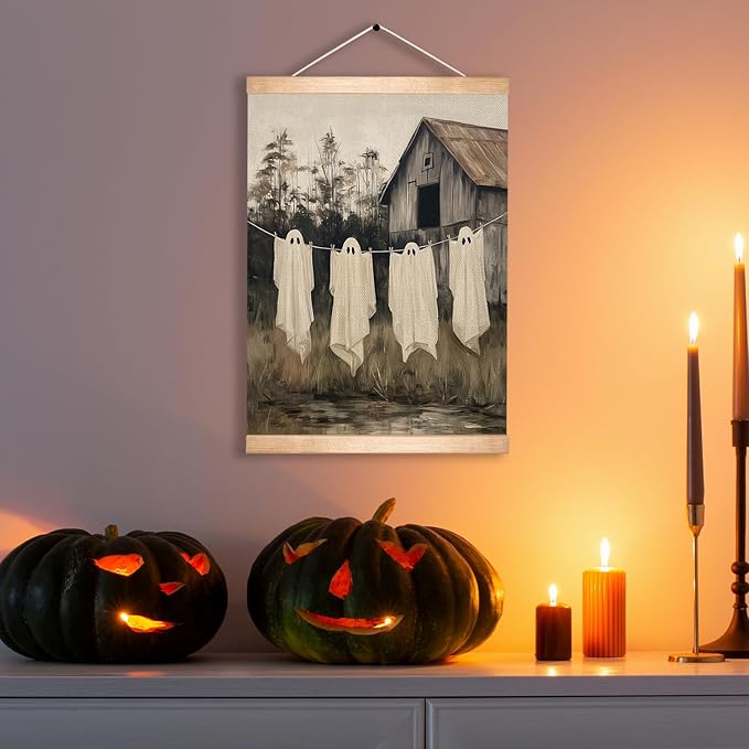 Rustic Halloween Ghost Linen Canvas Wall Art 18.5x14 Inch, Vintage Farmhouse Barn Wall Hanging Poster, Spooky Fall Decor, Retro Gothic Haunted House Theme Wall Poster for Living Room Bedroom (BLK08)