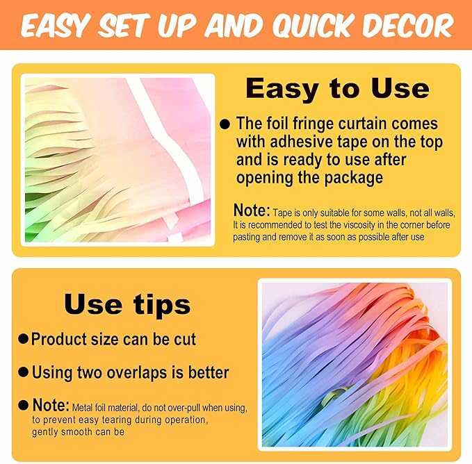 3 Pack Light Rainbow Foil Fringe Curtains Backdrop, 3.28 x 6.6 Ft Metallic Streamers Tinsel Curtains Background for Photo Booth, Birthday, Halloween, Christmas, New Year Party Decorations