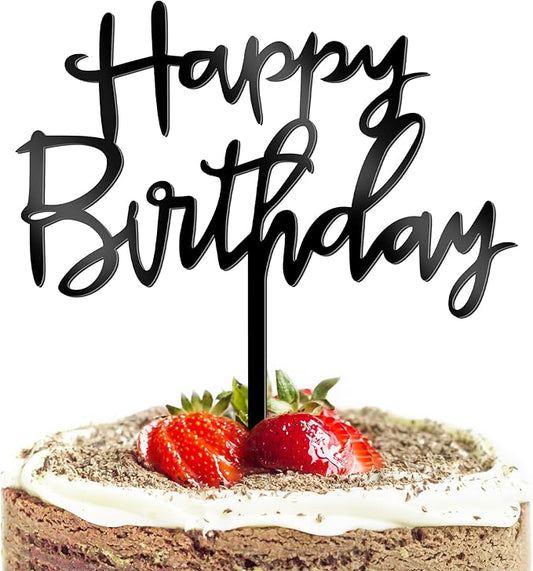 1PCS Acrylic Cake Topper, 4.7 Inches x 5.5 Inches Happy Birthday Cake Topper, Black Birthday Cake Decorations Flower Arrangements Sign for Baby Shower, Anniversary Decor