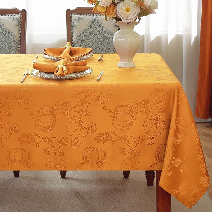 SASTYBALE Thanksgiving Tablecloths for Square Tables, Jacquard Fall Table Cloth with Pumpkins and Vines, Stain Resistant Table Cover for Harvest, Dining, Party Decor (Square, 52" x 52", Amber)