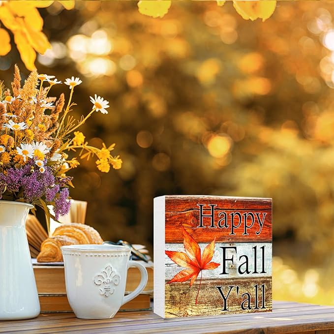 Funny Autumn Maple Leaves Wood Box Sign Happy Fall Y'all Wooden Block Desk Decor for Home Office Kitchen Cubicle Table Shelf Tabletop,Farmhouse Fall Sign Decor