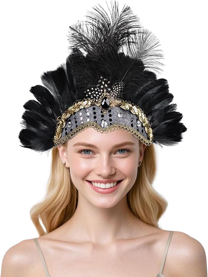 Women's Carnival Feather Headpieces Sequin Headdress for Wedding Masquerade Party Cosplay Feather Headbands