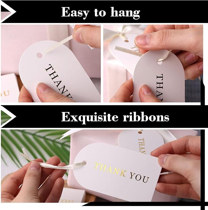 SallyFashion 120PCS Thank You Gift Tags, White Gold Stamping Tags Hanging Labels with Ribbon for Party Favors Birthday Baby Shower White