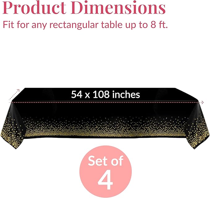 Prestee 4 Pack Gold and Black Table Cloth Rectangle Table Covers 54 x 108 Inches - Plastic Table Cloth Disposable for Parties, Dining and Events - Black Tablecloths for Weddings and Celebrations