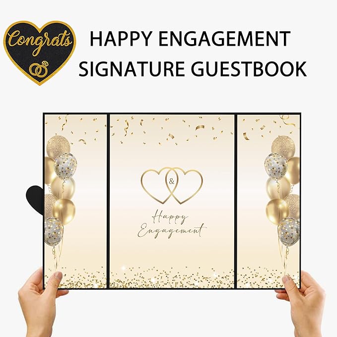 DARUNAXY Black Gold Engagement Party Decorations, Happy Engagement Alternative Signature Guest Book Just Engaged Gifts Almost Married Congratulations Engagement Signing Card Board Party Supplies