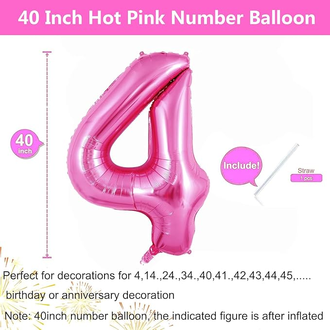 Pink Number Balloons, Large Hot pink Number 4 Balloon 40 Inch Pink 4 Balloon for Men Women Boys Girls 4th Birthday Party Decoration
