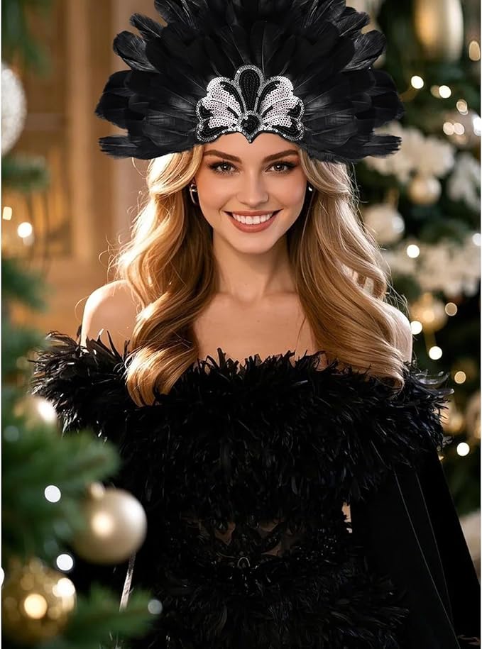 Women's Carnival Feather Headpieces Sequin Headdress for Wedding Masquerade Party Cosplay Feather Headbands