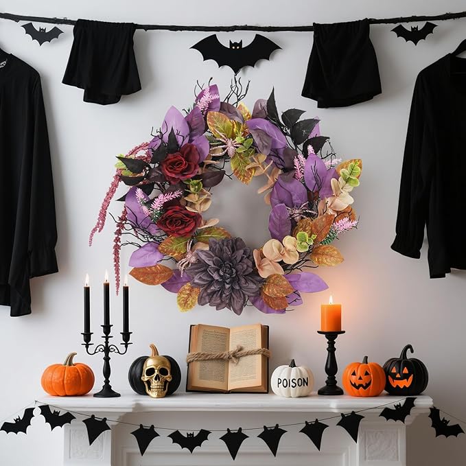 18 Inch Halloween Wreath for Front Door, Gothic Wreath with Spiders and Black Roses, Creepy Outdoor Indoor Decor for Window, Mantel, Wall, Fireplace - Durable Artificial Decorations